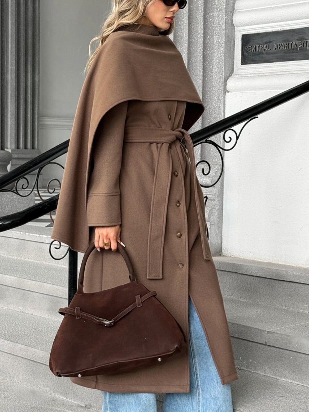Brown Elegant Women's Double-Breasted Cloak-Sleeve Midi Trench Coat Jacket